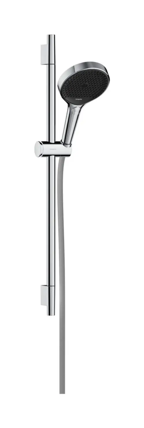 Brausekopf mit Halterung, montiert an einer senkrechten Stange, ausgestattet mit einem flexiblen Schlauch in einem chromfarbenen Finish von Hansgrohe.